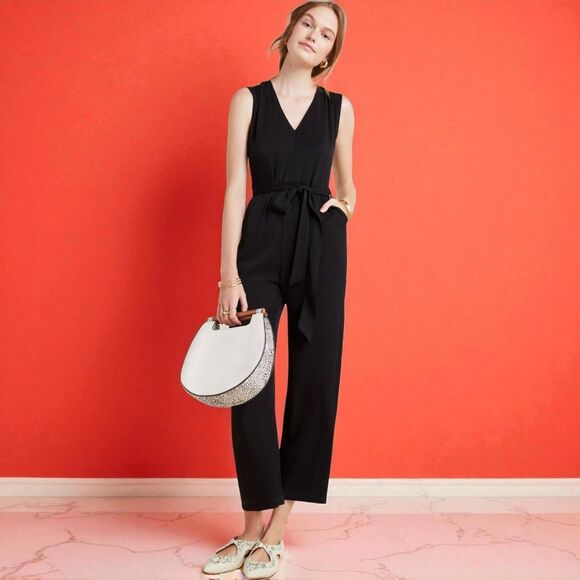 Anthropologie Wide Leg Jumpsuit Size L Black Tie Waist Capri V-Neck Womens - Picture 1 of 6